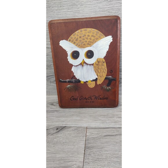 Hand Painted 7x10 Wooden Baby Owl In A Tree With Bible Verse Hanging Vintage Art - Picture 2 of 7